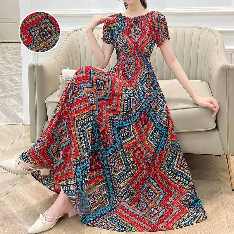 

Летнее разноцветное хлопковое шелковое платье с цветочным принтом, разноцветная пляжная юбка-миди, широкий подол, высокая талия, короткий рукав, Юго-Восточная Азия