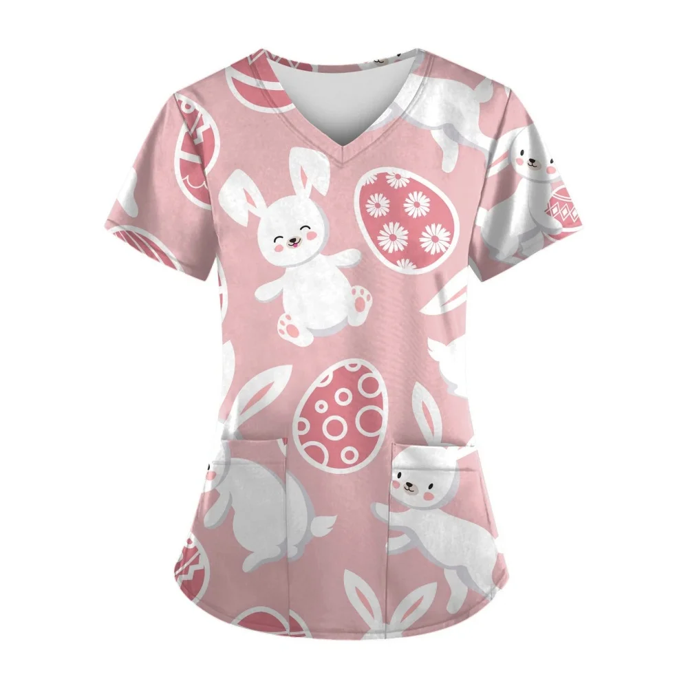 

Clinical Uniform Woman Easter Bunny Print Fashion V-Neck Dental Medical Uniform Casual Short Sleeve Tops Scrubs Uniform Woman