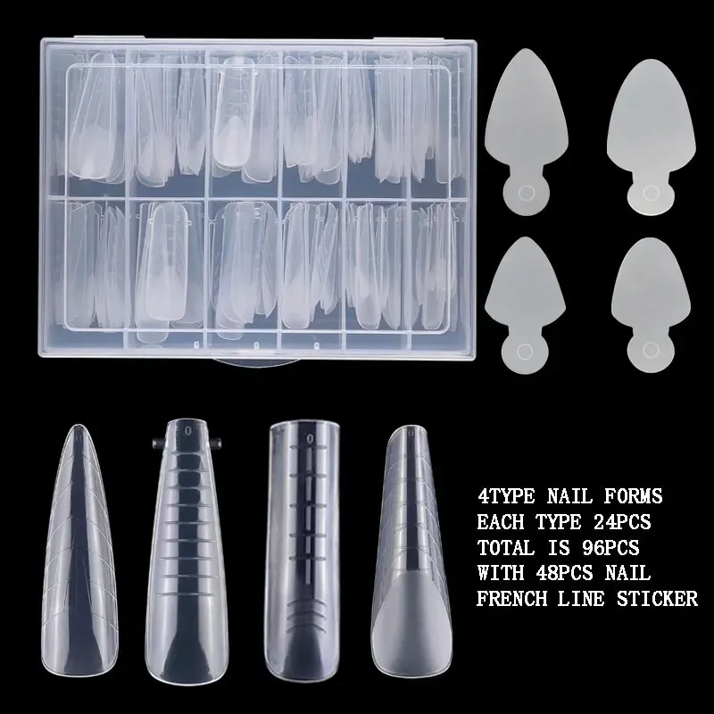 

96Pcs French Dual Form Nail Quick Building UV Gel Mold with 48Pcs French Line Sticker for Fake Nail Extension Tip Top Mold Forms