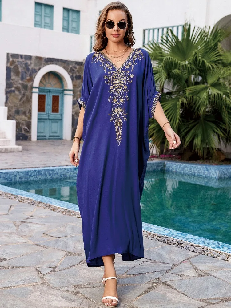 Robe de plage bleu marine avec broderie florale, élégante, cover-up pour les maillots de bain, vêtements de plage pour les vacances, 2023