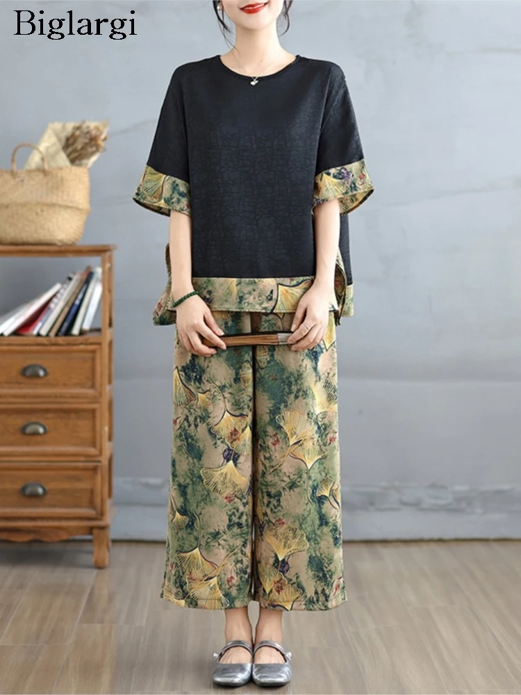 

Oversized Summer Chinese Style Print 2 Two Piece Set Women Fashion Casual Ladies Blouses Elastic Waist Loose Woman Wide Leg Pant