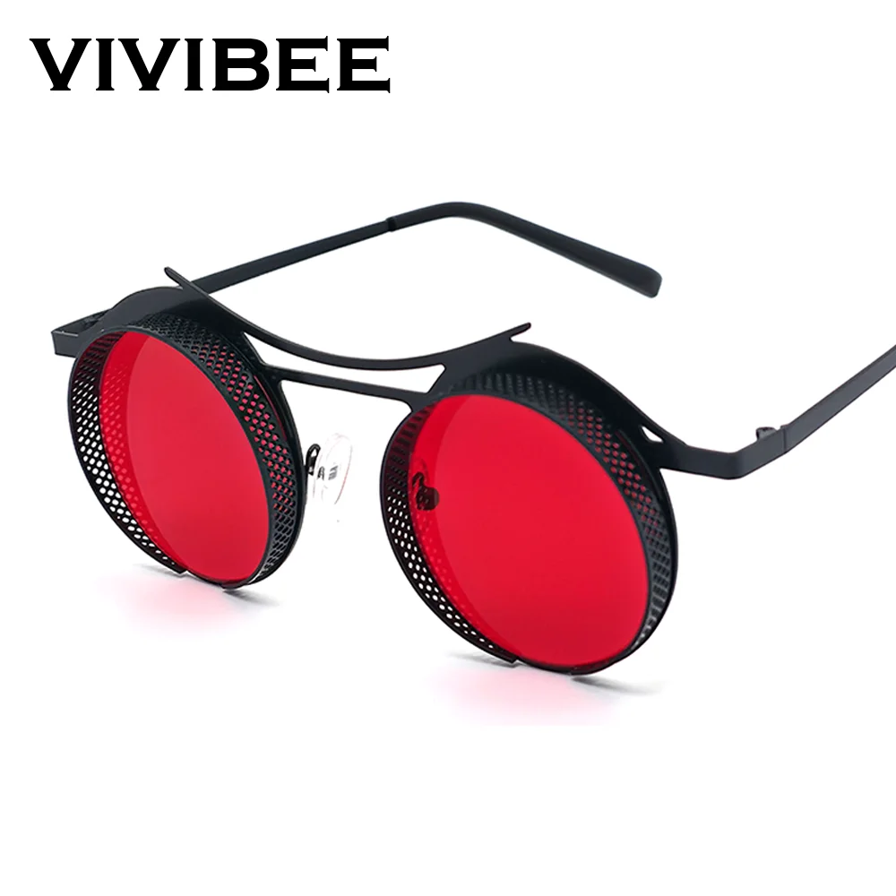 

VIVIBEE Round Steampunk Red Sunglasses Metal Y2K Metal Ciberpunk Men Designer Luxury Punk Women UV400 Party Sun Glasses Retro
