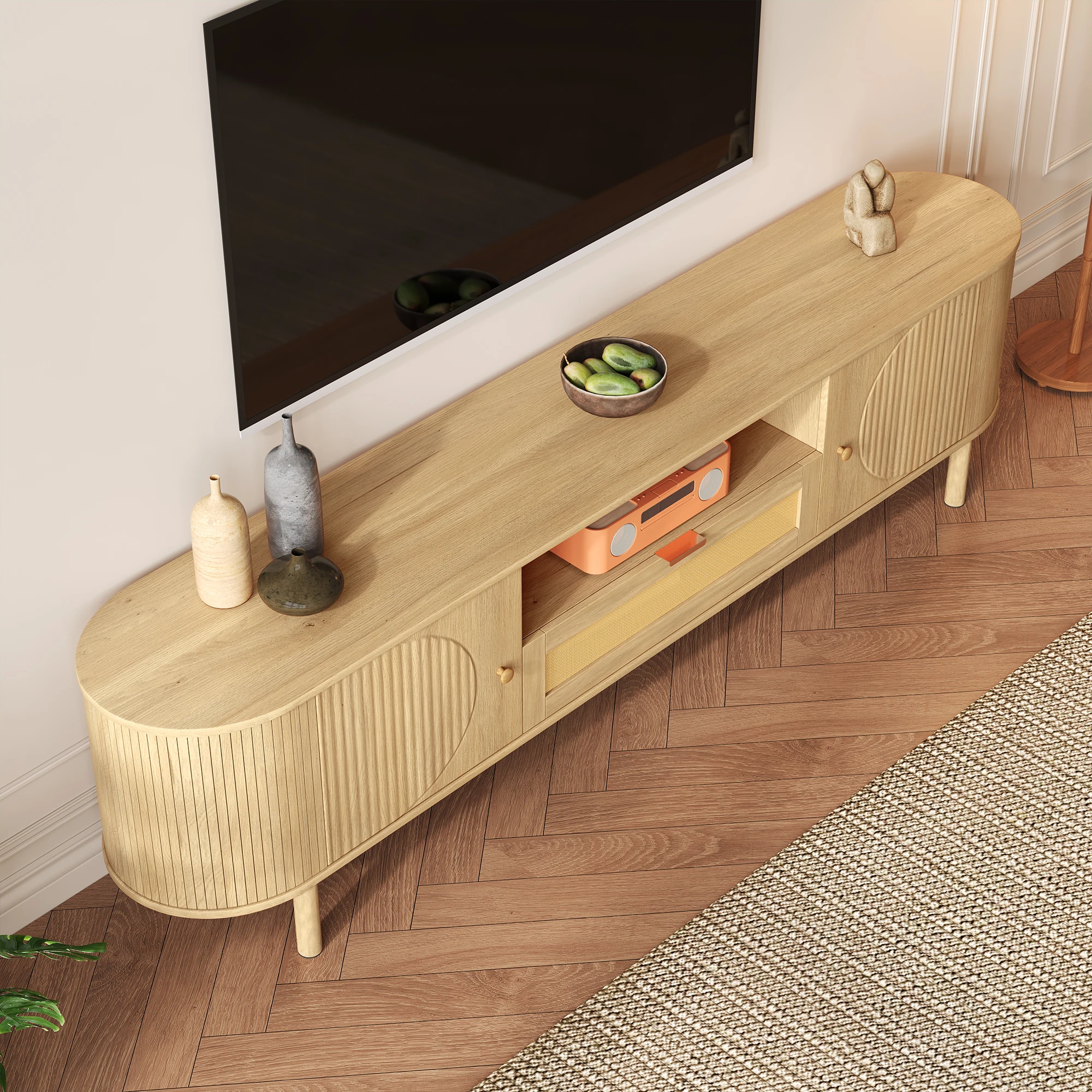 PINGGO Moderner TV-Schrank mit Rattanschublade, offenen Regalen, runder Tischplatte, Metallbeinen, Holzoptik, 175x36x41 cm – Detail 5