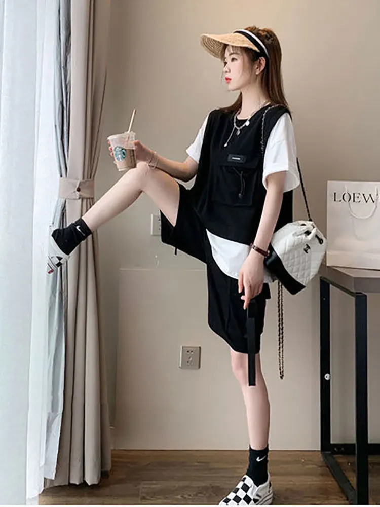 Summer Suit Women Workwear Style Short-sleeved Shorts Two-piece Couples Normcore/Minimalist 2022 Fashion Sports Patchwork Pocket