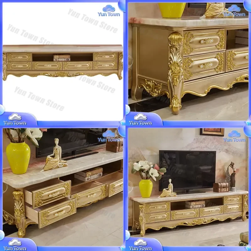European Marble TV Cabinet Coffee Table Combination for Small Apartment Living Room Solid Wood Carved Flower Champagne Gold