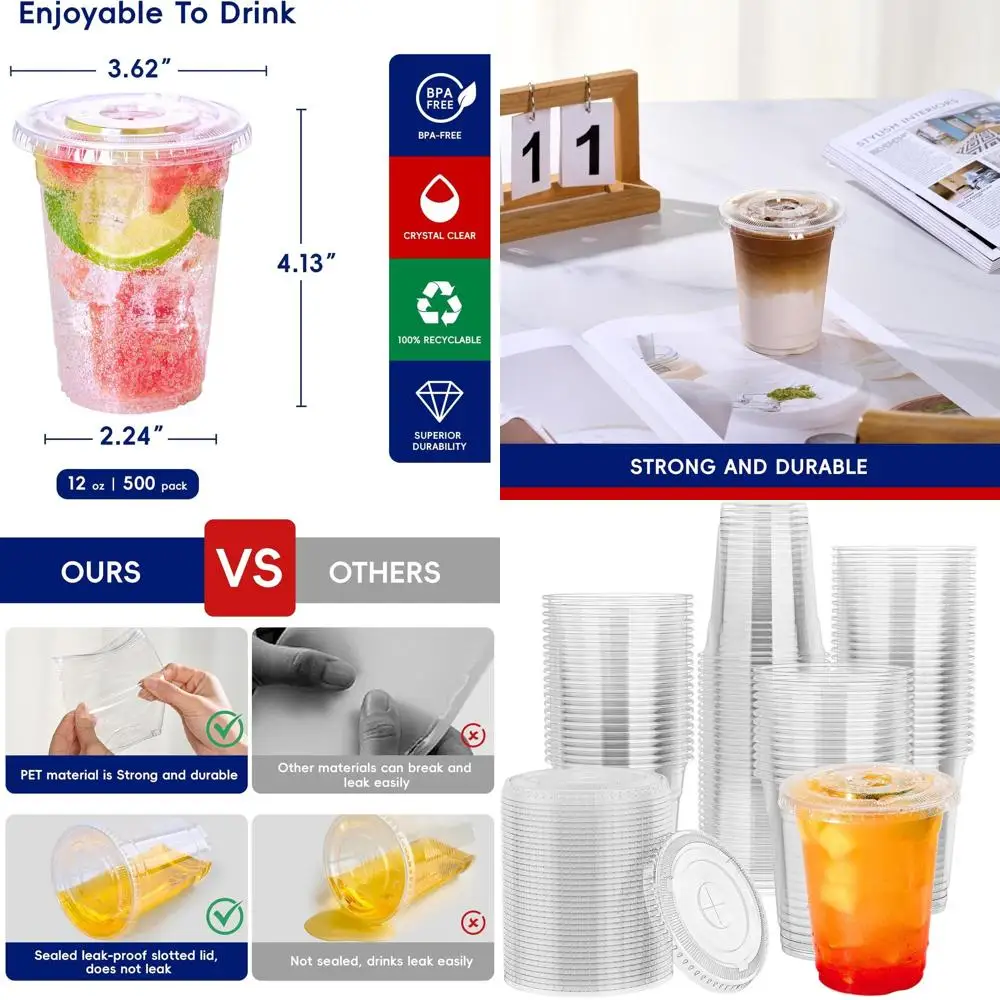 

500 упаковок прозрачных одноразовых стаканчиков из ПЭТ с крышками для напитков, идеально подходят для ежедневного использования, вечеринок и специальных мероприятий