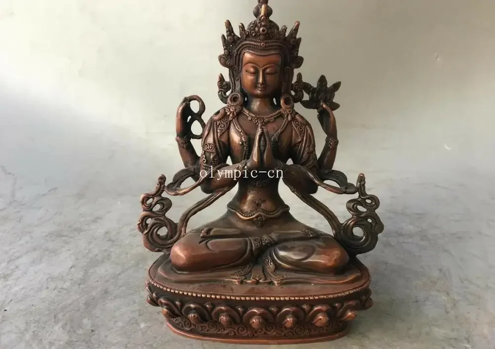 

8'' red copper tibet buddhism four arm Avalokitesvara Guanyin Chenrezik Practice