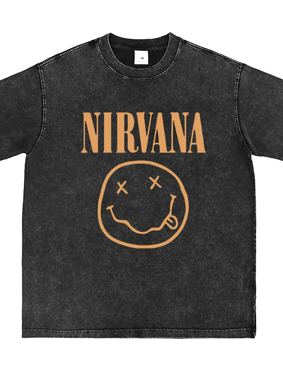 Retro American Street Rock Band Smile Face Washed out Grey Loose Short Sleeve T-Shirt Youth Casual Cotton Breathable Summer Top