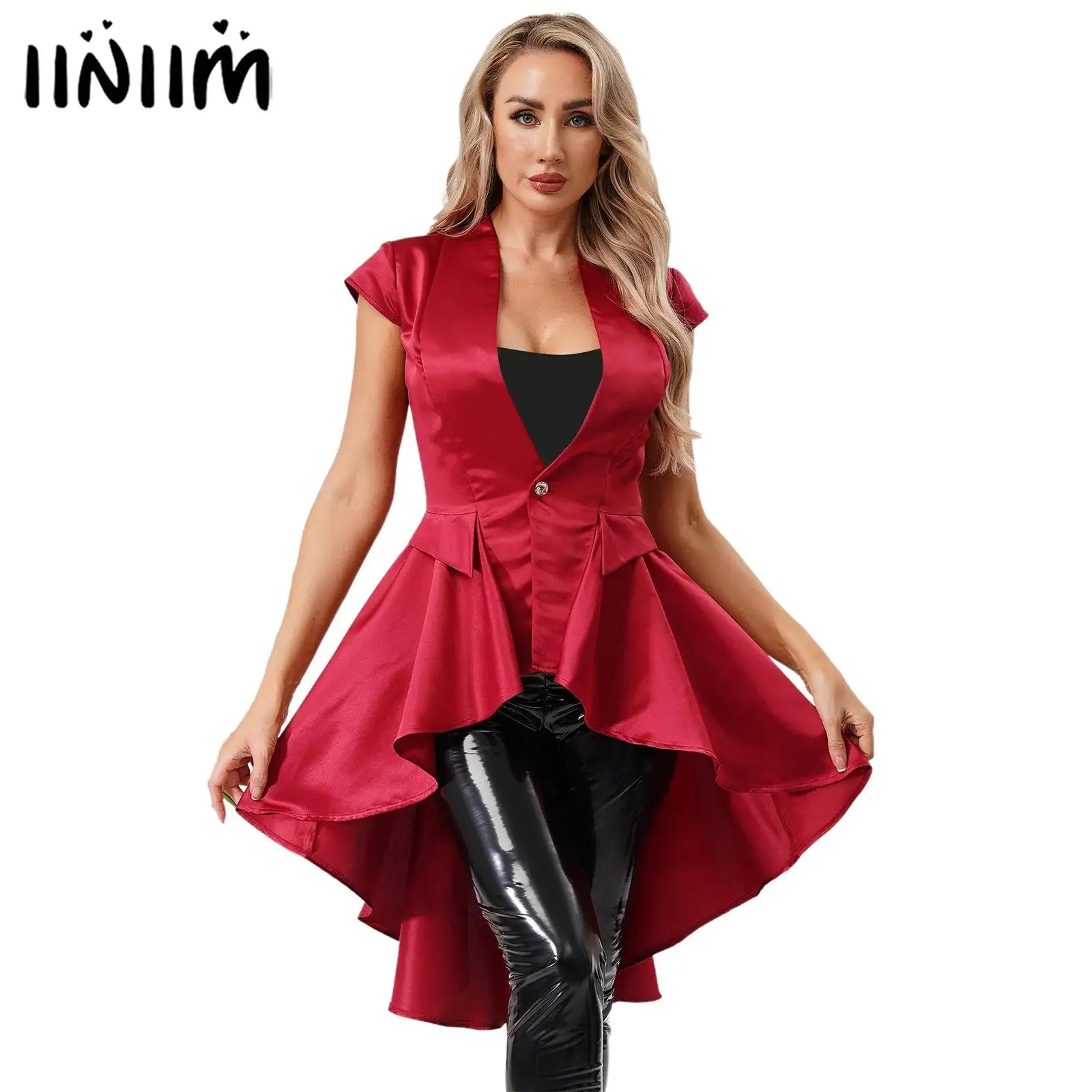 

Womens Victorian Costume Gothic Steampunk Halloween Outfit Deep V-neck Cap Sleeves One Button Victorian Coat Tail Jacket Tops