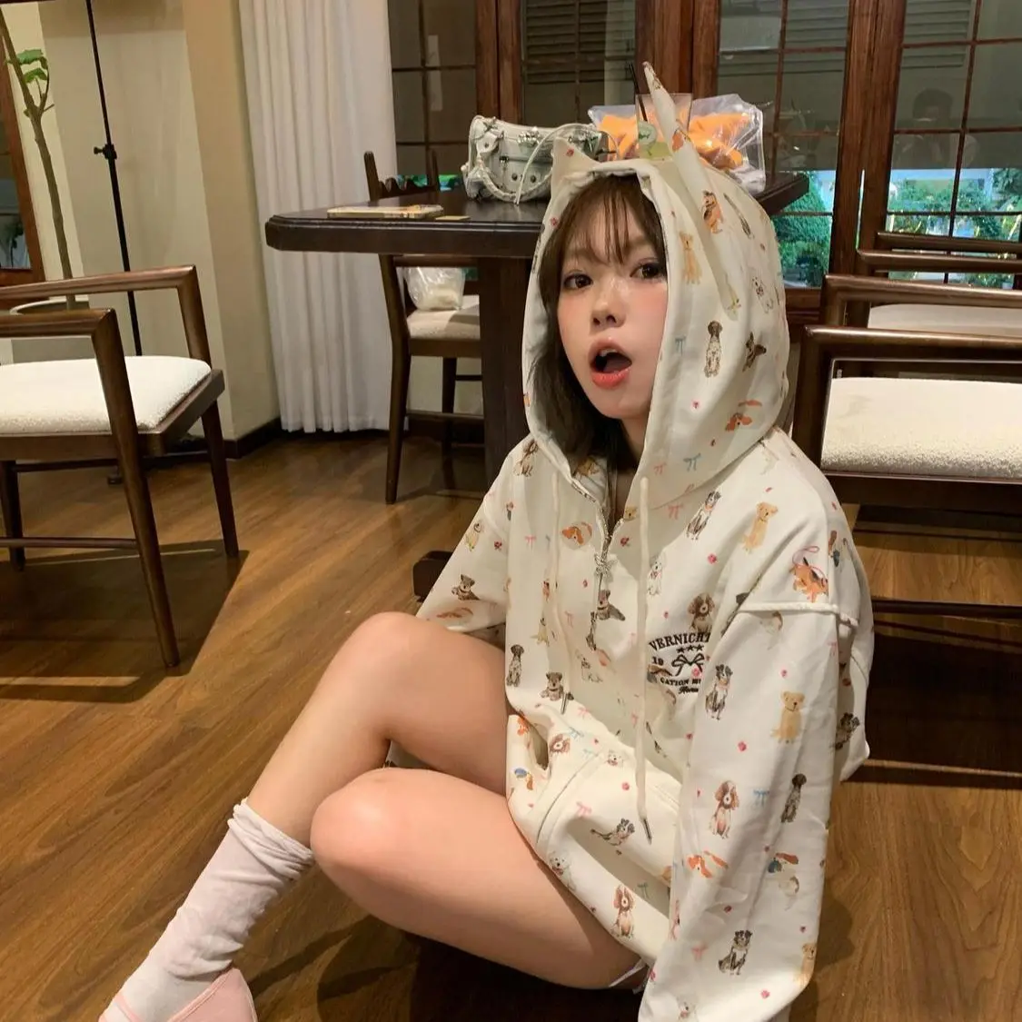 Chaquetas con capucha y cremallera Harajuku, sudaderas de gran tamaño, abrigos coreanos Y2K, lindo cachorro, perro, estampado completo, Tops de dibujos animados, dulce estilo Preppy