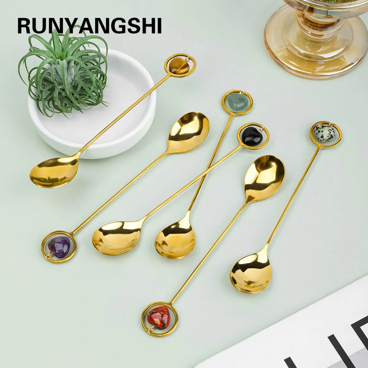 1PC Natural Crystal Heart-Shaped Mini Spoon Decorative Gem Tea Coffee Servingware for Cafeteria Station