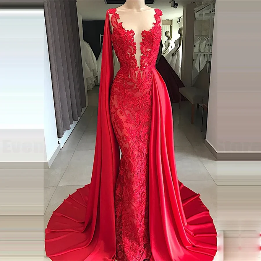 Red Women's Sexy V-neck Evening Dresses Lace Decal Prom Gowns Formal Wedding Beach Party Fashion Celebrity 2024 Long Sleeve Robe