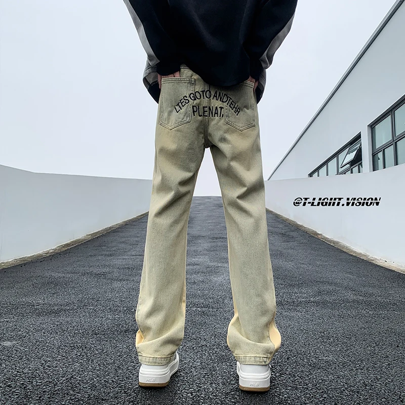 

Yellow Mud Men's Jeans Slim Fit High Street Style Autumn Trendy Ulzzang Handsome Cotton Polyester Blend Long Straight Leg Jeans