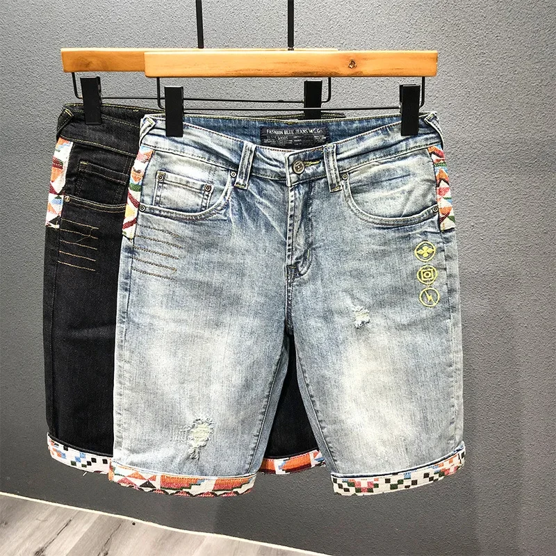 Summer New Denim Shorts Men's Stitching Embroidery Ripped Knee-length Shorts White Black Retro Blue Fashion High Quality Jeans