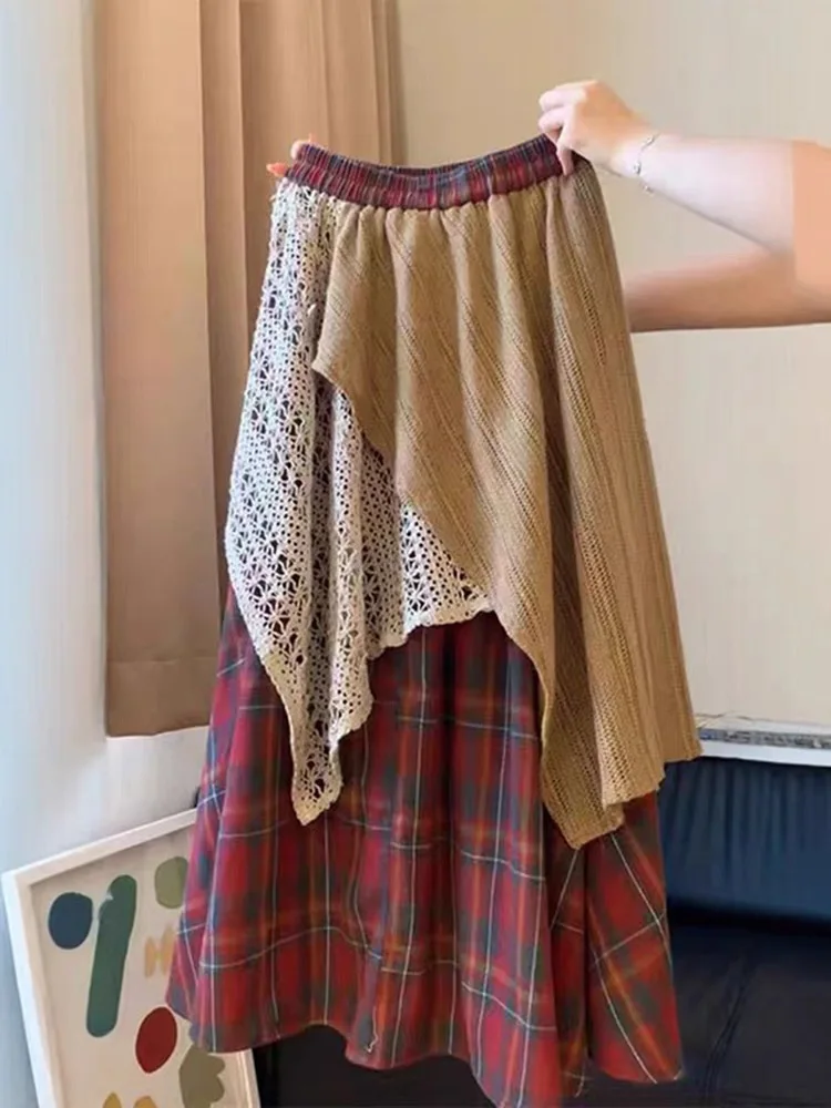 

Red Plaid Asymmetrical Lace Splicing f Skirt Women's Spring Faion Ethnic Sle Travel Matching Long Skirt A-Line Silhouette