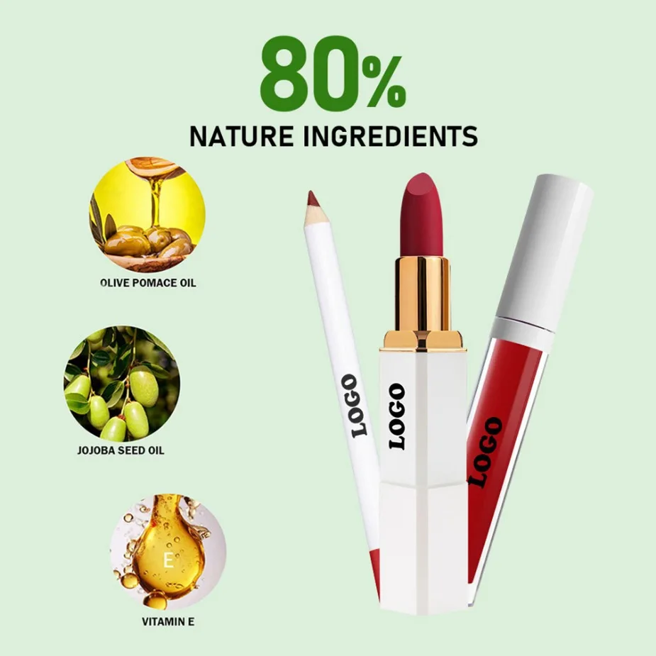 Ensemble de maquillage pour lèvres Vegan, marque privée, 3 pièces, brillant à lèvres, imperméable, longue durée, mat, Logo personnalisé