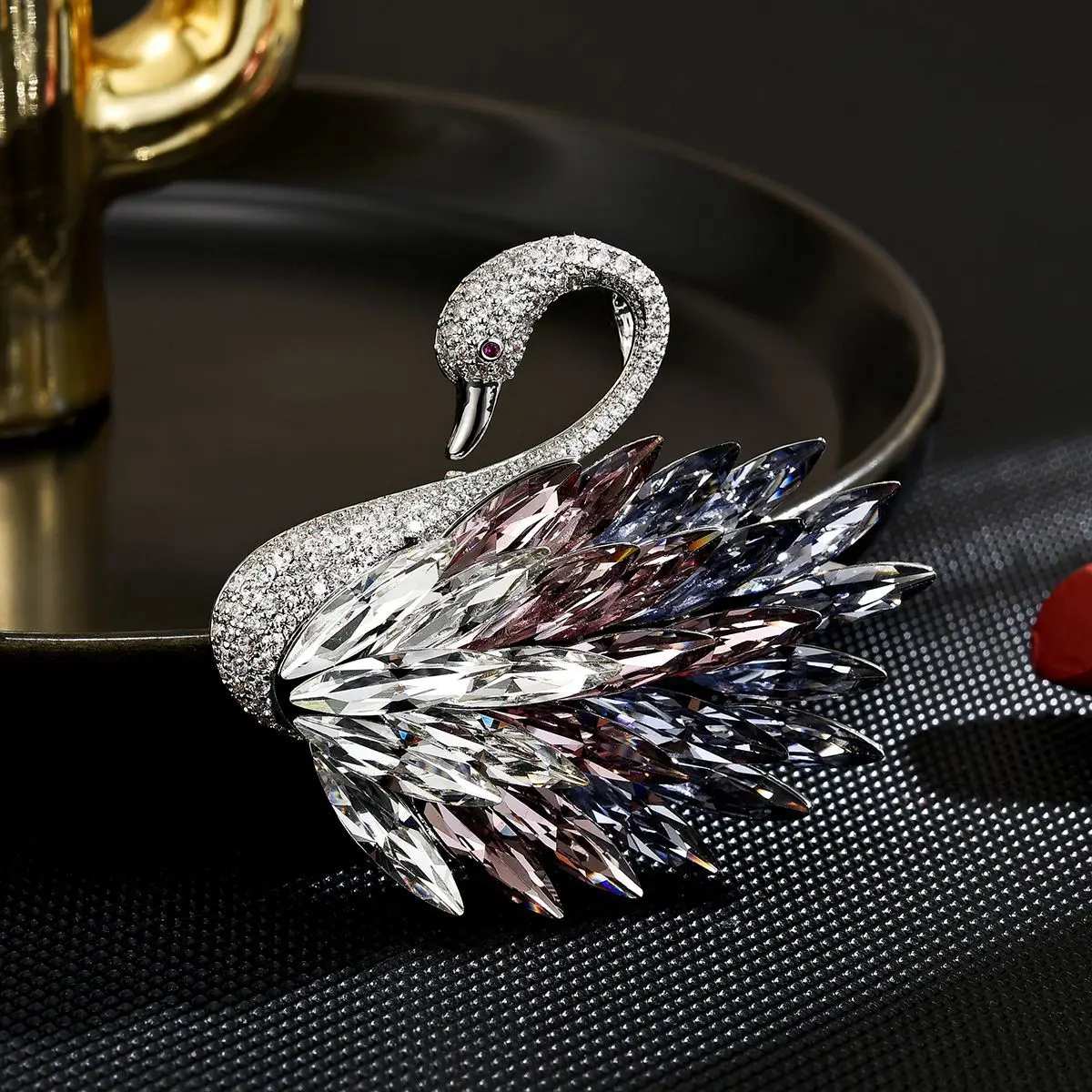 Elegant Fashionable Classic Crystal Swan Brooch Blue Red Gradient Winter Coat Accessory
