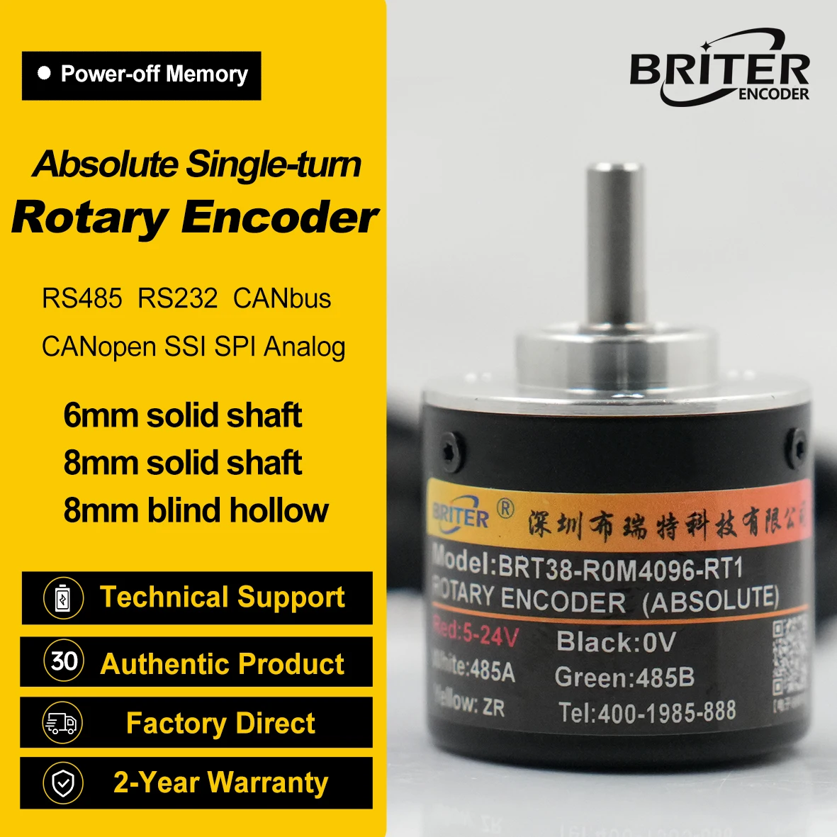 Briterencoder 싱글 턴 로터리 앱솔루트 인코더, CANopen, SSI, RS485, 아날로그 인터페이스, 전원 끄기 메모리 포함