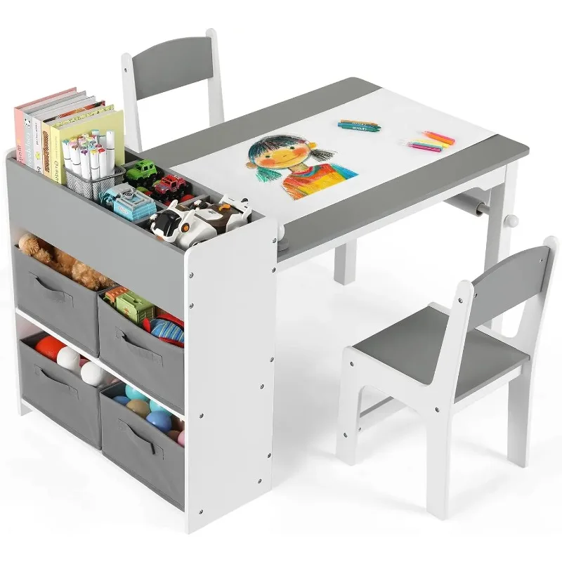 

2 in1 Children Table and Chair Art Table Wooden Children Play Activity Drawing Kids Wooden Craft Table with Storage Shelves