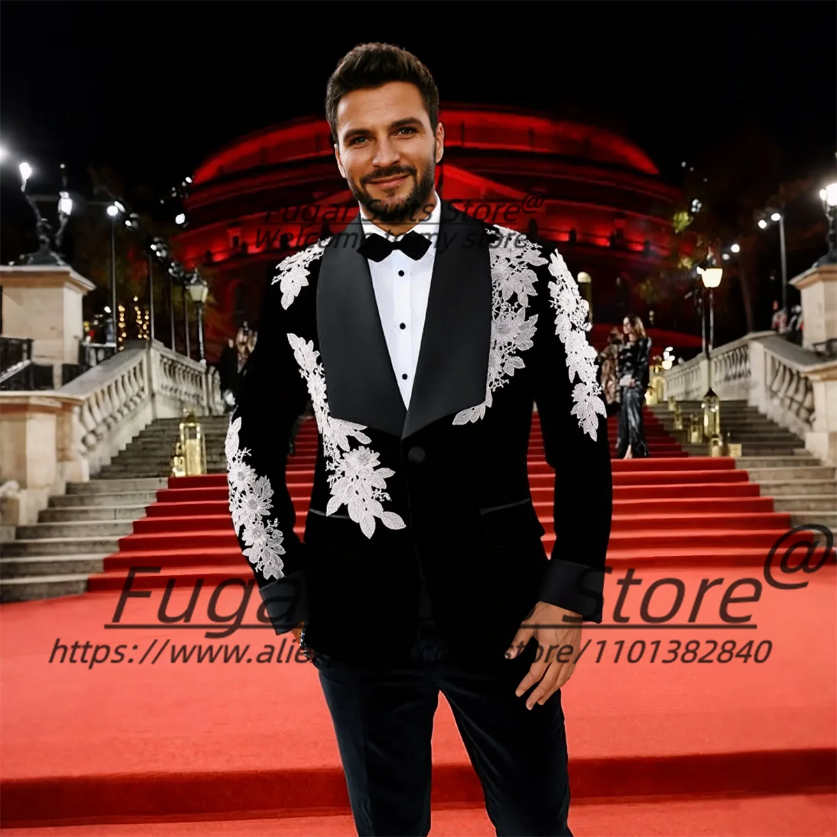 Customized Black Velvet Men Suits Luxuly Appliques Groom Wedding Tuxedos 2 Pieces Sets Male Party Blazers trajes para hombre