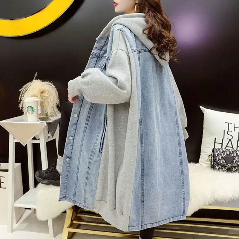 

New Women Denim Splicing Hoodie Cardigan Autumn Winter Long Hooded Denim Jacket Loose Windproof Motorcycle Jackets JJ122