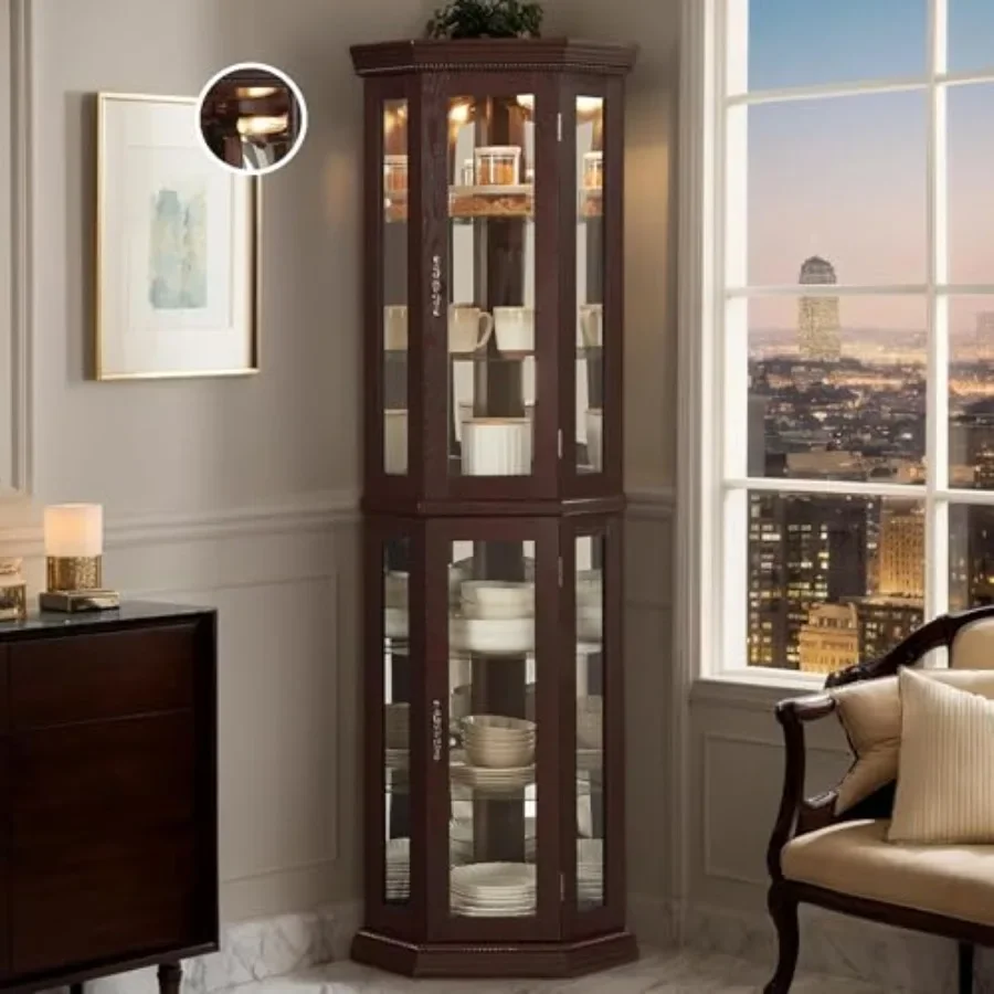 Corner curio cabinet for bar and liquor storage, tempered glass doors and shelves, black finish, built-in light bulb for elegan