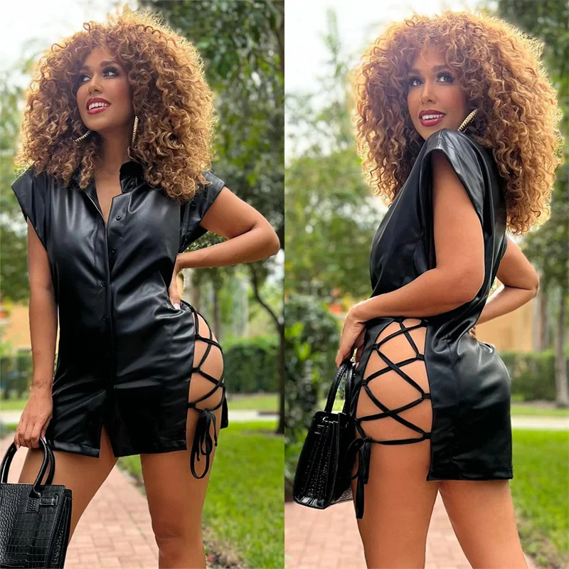 

Sexy PU Faux Leather Party Dress for Women Side Lace-up Hollow Out Nightclub Bandage Dresses Turn-down Collar Button Mini Dress