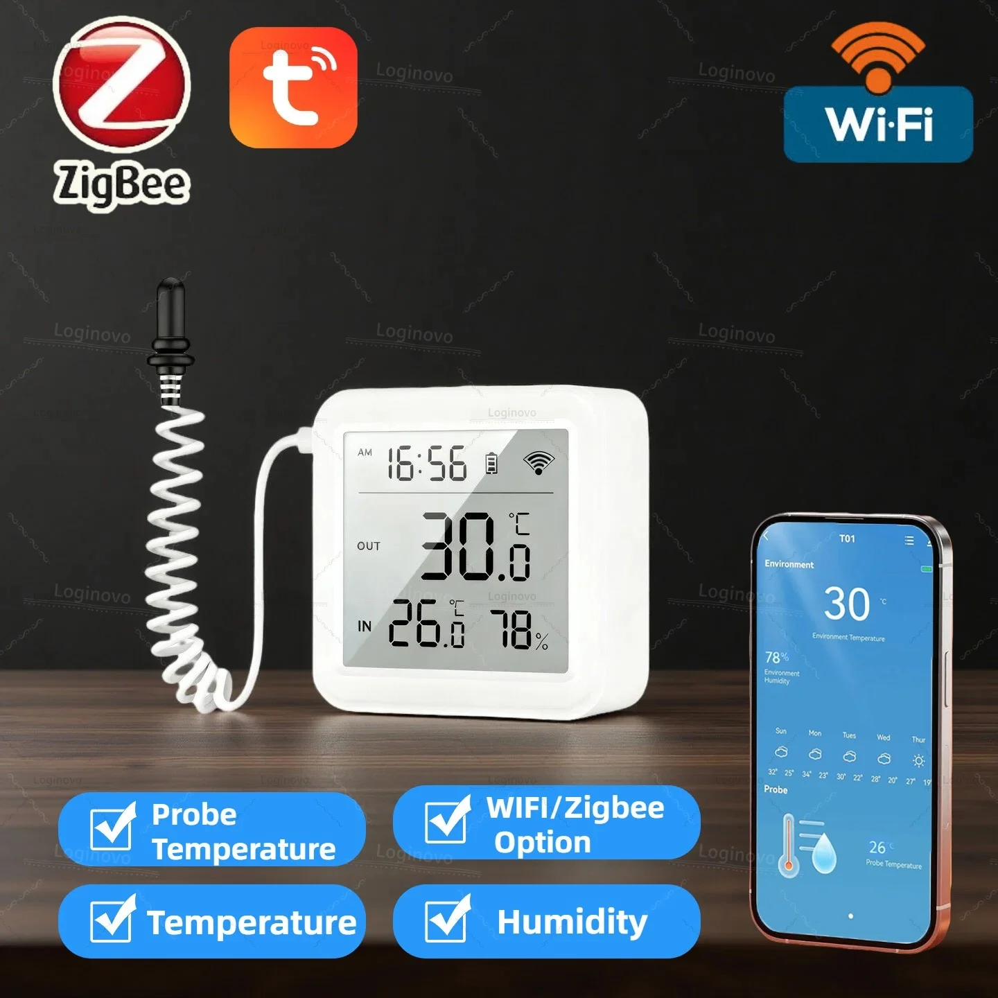 

Датчик температуры и влажности Tuya Wi-Fi/Zigbee с внешним зондом и ЖК-дисплеем, цифровая автоматизация умного дома для Alexa Google Assistant