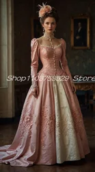 Pink Ivory Princess Victorian Prom Dresses Customised Fairytale Long Sleeve Floral Applique Lace-up Corset Walk Evening Gowns