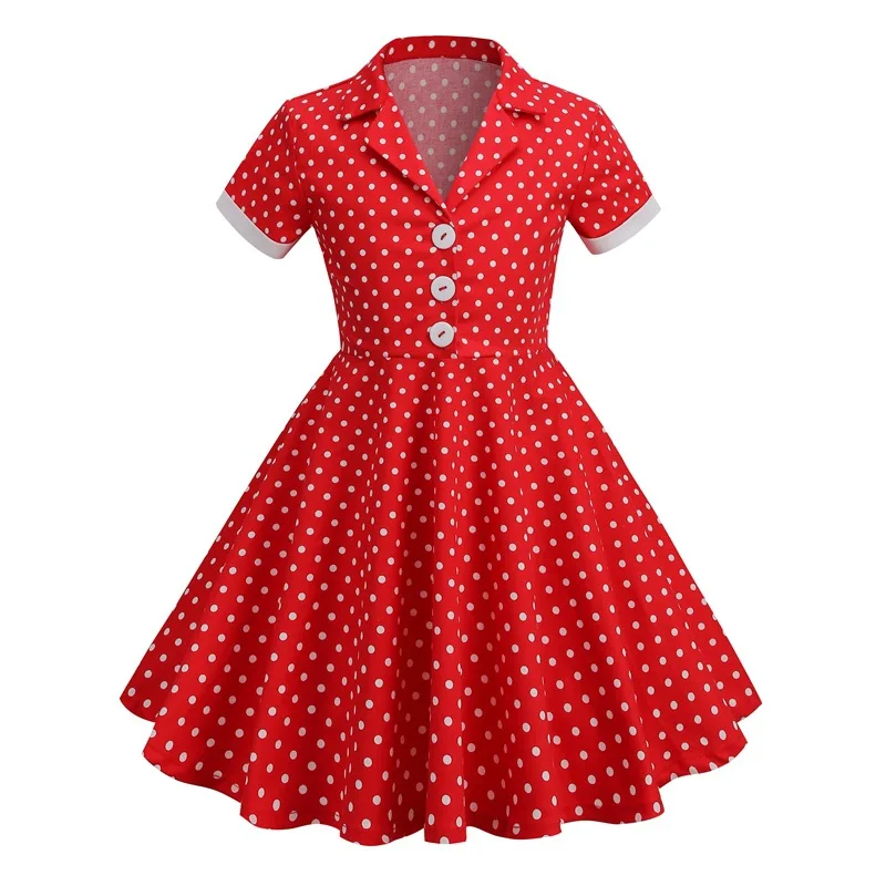 Kids Girls 50s Audrey Vintage Polka Dot Swing Party Rockabilly Dress Retro Peter Pan Doll Collar Wedding Casual Skater Dress