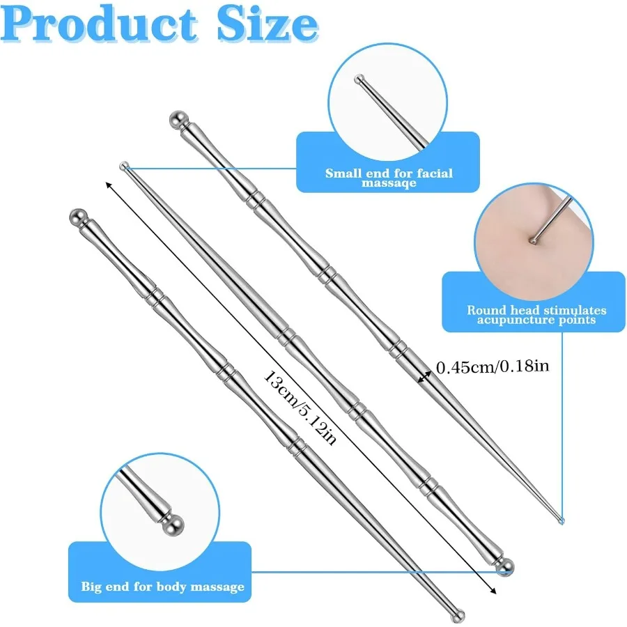 3PCS Stainless Steel Acupressure Pen Set, Double Headed Trigger Point Massager for Face Neck Shoulders, Deep Tissue Tool