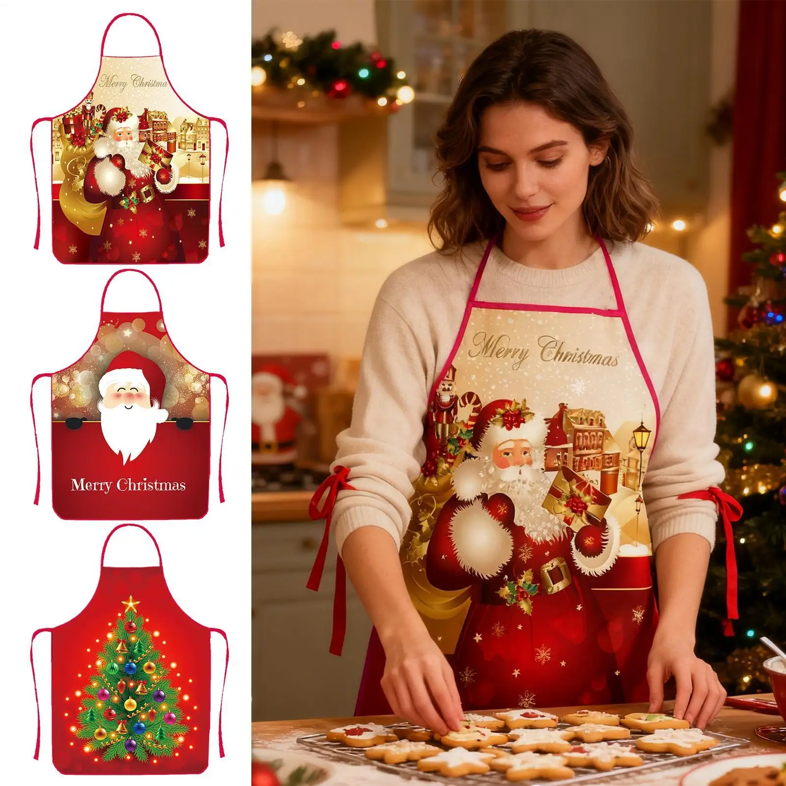 Christmas Aprons For Women Chef Waterproof Bib Kitchen Aprons For Men Women Bakers Wife Husband Family Baking Gardening Sewing