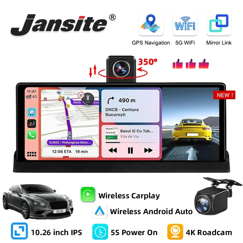 10.26 inch 4K Car DVR Camera Wireless Carplay Android Auto Screen Dash Cam Dual Len Video Recorder GPS Navigation Dashboard