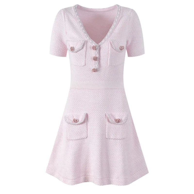 

Women's knitted dress V-neck early autumn new pink small fragrance waist up commuting French style reduced age short dress