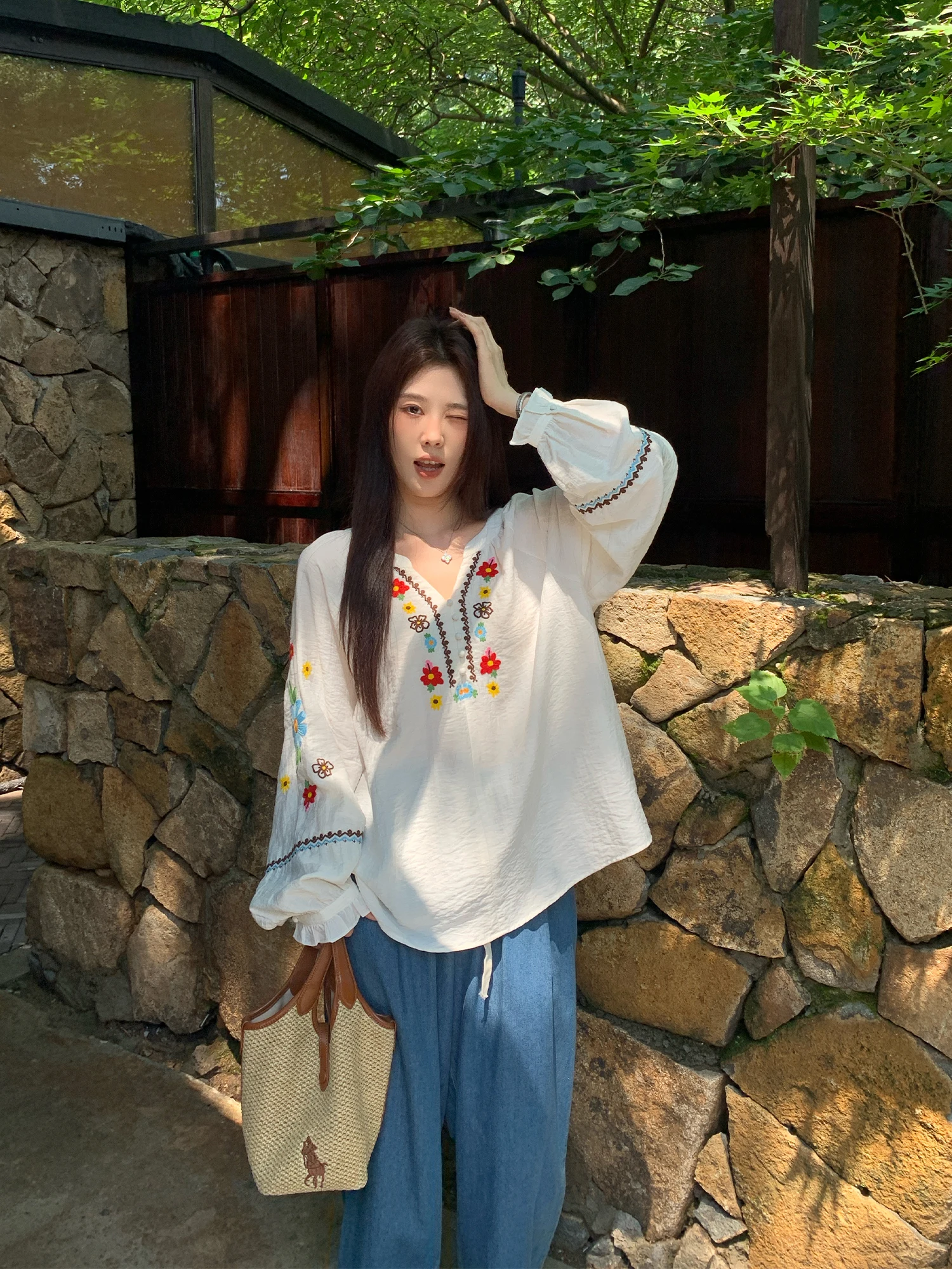 

NAZ Large Size Linen Cotton Heavyweight Summer Sun Protection irt Vintage Embroidered Bubble Sve Women's Loose Fit irt