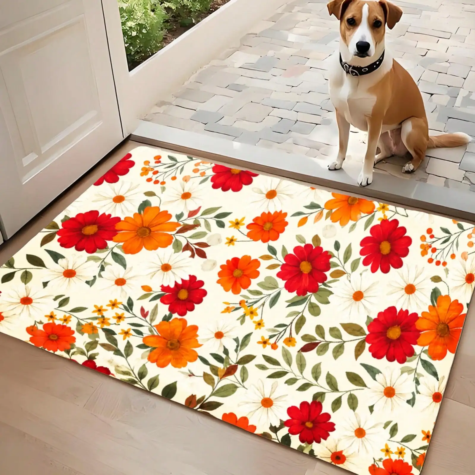 1/2/Kitchen Rugs, Welcome Door Set, Home Decoration Front Door, Kitchen, Bathroom, Red Orange Flowers Leaves White Background Pattern Dining, Great Women JSNB