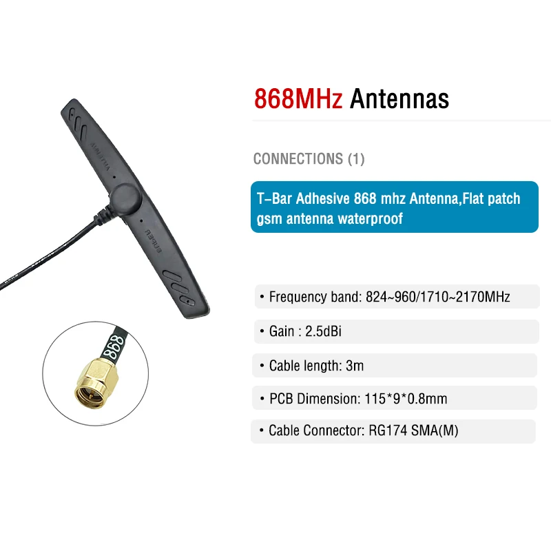 ISM 868 MHz Adhesive T-bar Antenna Compatibility with LoRa Sigfox and Other Long Range IoT Systems