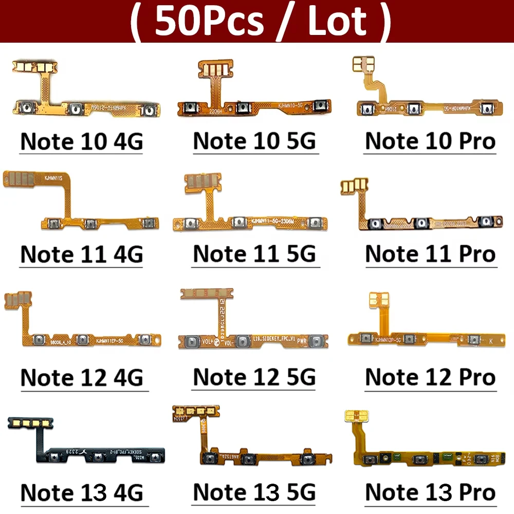 50Pcs, Power On Off Volume Key Button Flex Cable For Xiaomi Redmi Note 10 10s 11 11s 11T 11E 12 12s 13 Pro Plus 4G 5G