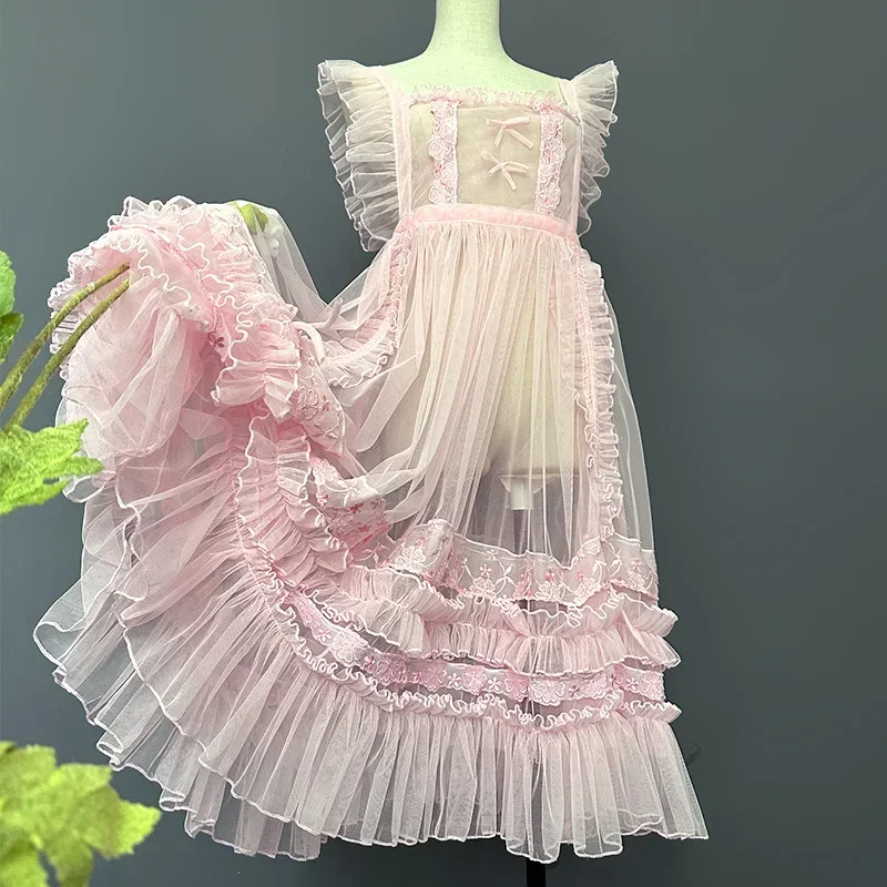 Japanse Sweet Lolita Schort Sheer Mesh Verstoorde Kanten Jurk Vrouwen Kawaii Gothic Lolita Zwart Kant Prinses Jurk