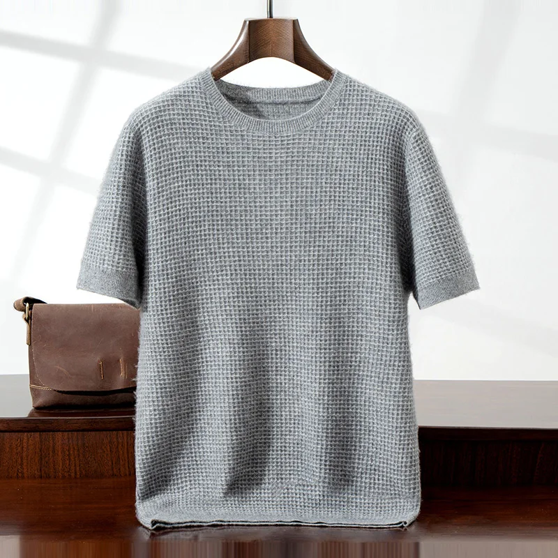 Men's 100% Cashmere Short Sleeve T-Shirt Summer Waffle Knitwear Casual round Neck Solid Color Knitted Top for Men
