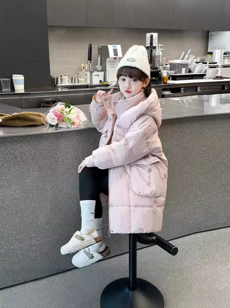 

2025 Winter Down Jacket For Girls Clothes Big Pocket Fashion Hooded Children Outerwear Waterproof Mid Length Kids Parka TR287