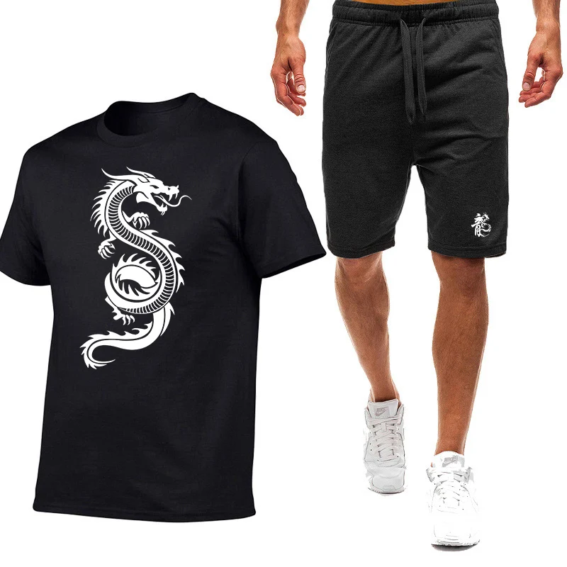 

2025 New Style Men's Summer Chinese Dragon Print Nine Color Short-sleeved Set Casual Trendy T-shirt + Shorts Sports Suit