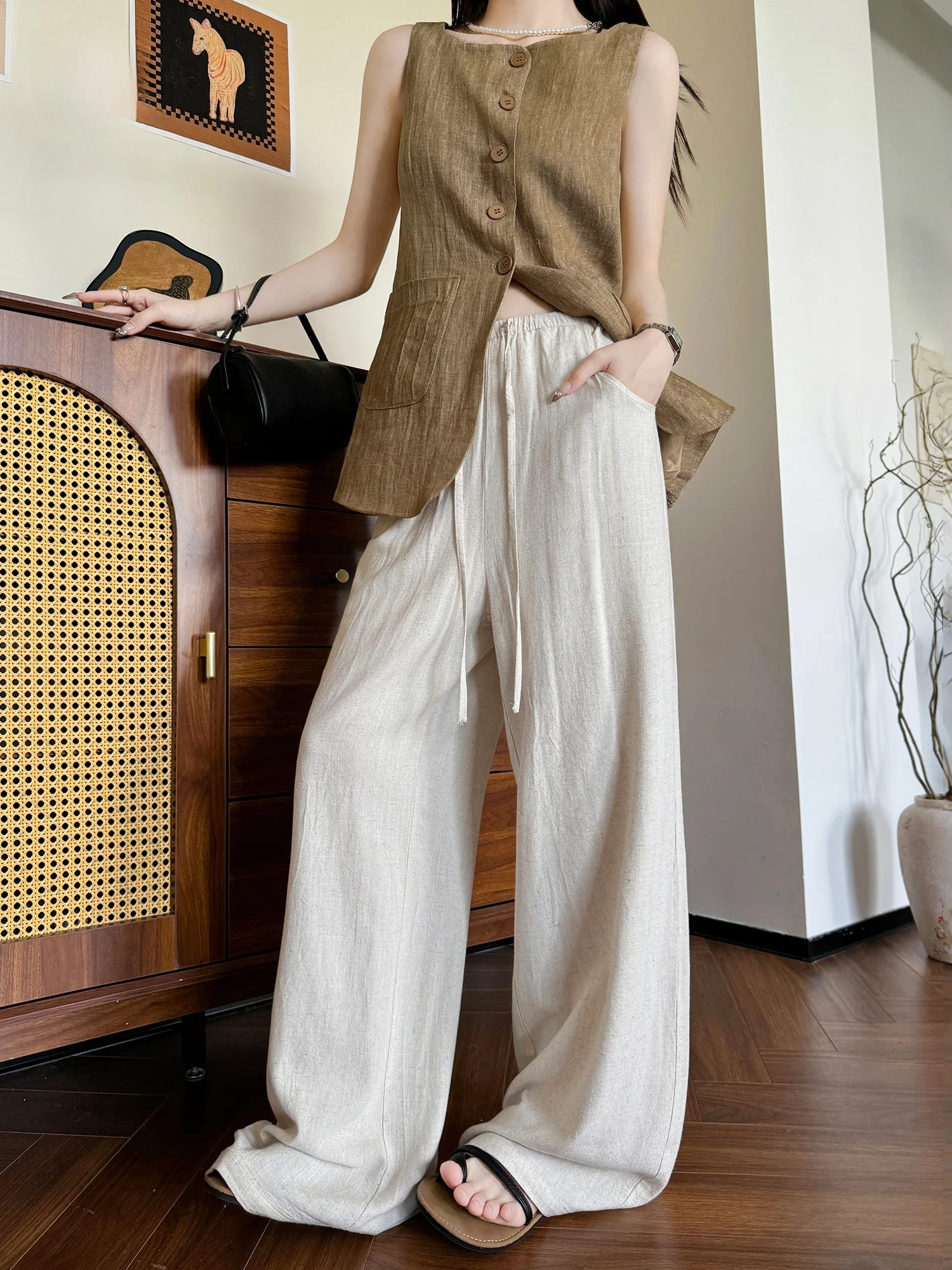 

Ladies' Linen Cotton Wide Leg Pants Summer Lightweight Straight Cut Anti-Wrinkle Draping High-End Cotton Linen Trousers