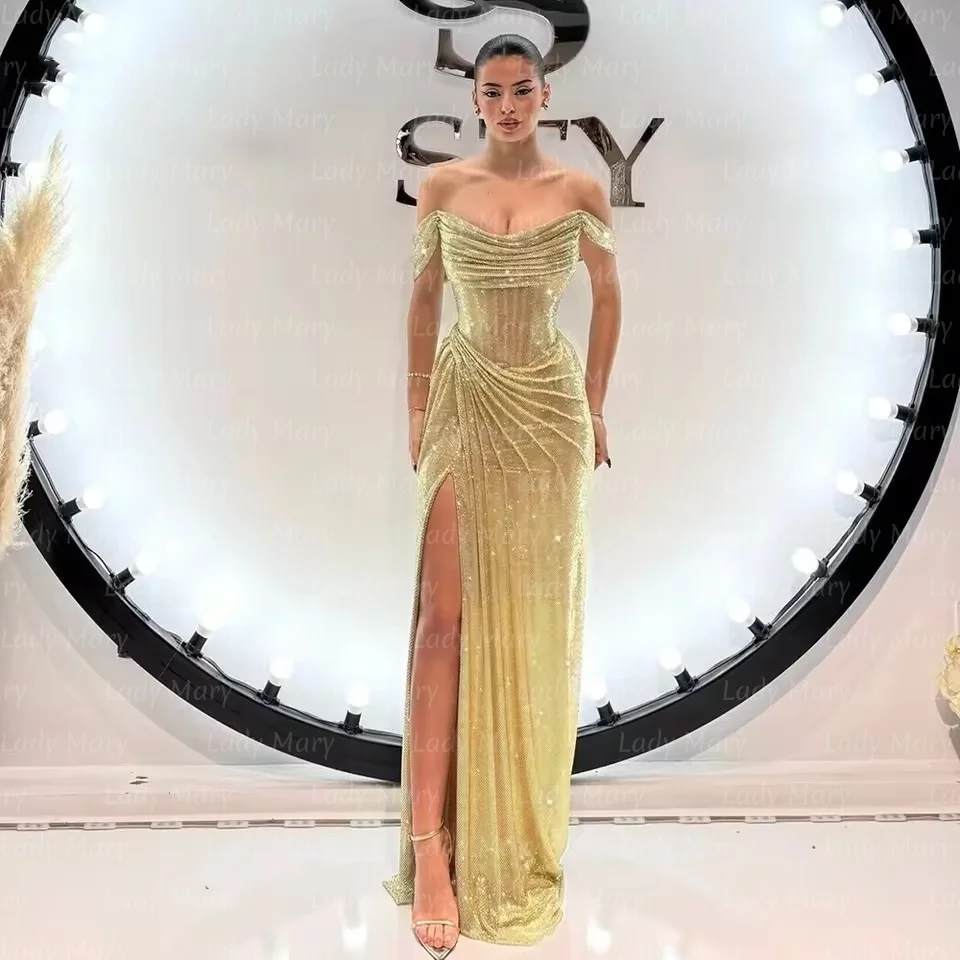 

Charming Glitter Gold Evening Dresses Strapless Mermaid Side Slit Prom Gowns Elegant Formal Occasion Dress Met Gala Customized