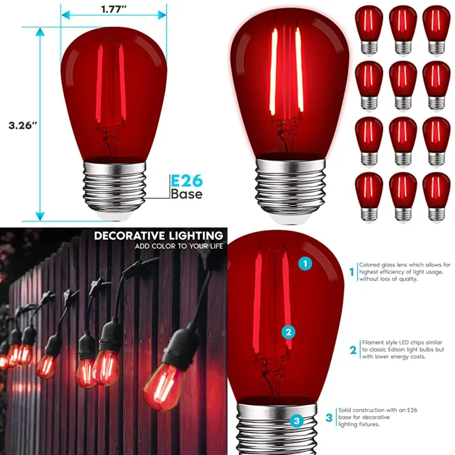 12-Pack S14 Edison LED Light Bulbs, 0.5W, Colo LED Bulbs for Outdoor String Lights, UL Listed, E26 Base, Indoor Outdoor, Decora