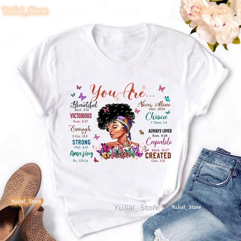 Camiseta gráfica preta com estampa feminina, camiseta borboleta mágica, você é linda, nunca sozinho, forte, surpreendente, capaz, fêmea, meninas