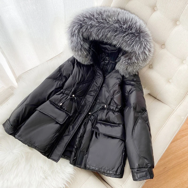 Drawstring Slim Fashion Parkas Winter Women Office Lady Warm Jackets Snow Wear Large Fur Collar Glossy Coats Female 2023 New