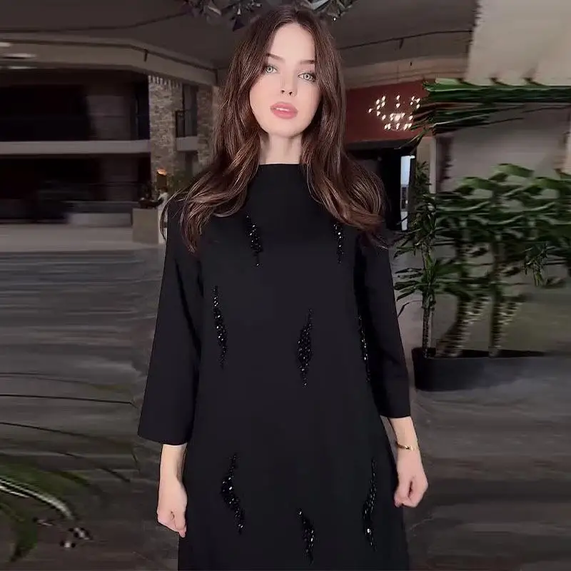 

Retro Slim Fit Long Sve round Ne Color Dr Autumn 2024 Cross Border Faion Ele a Line Skirt for Women