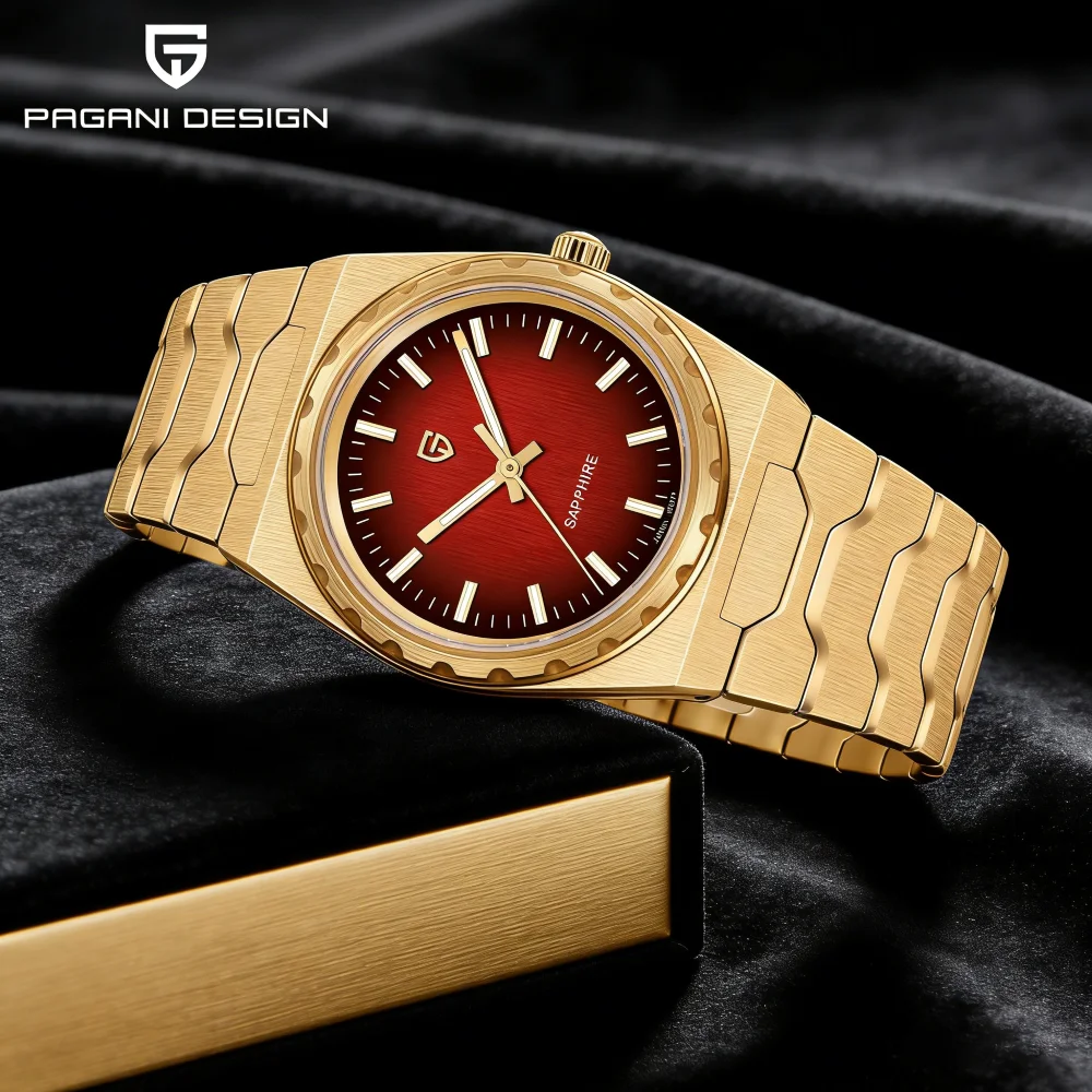 2026 New Arrival Pagani Design PDYS020 Men's Watch 37MM Ultra-thin Gold Case Red Sunburst Dial Sapphire Wristwatch Reloj Hombro