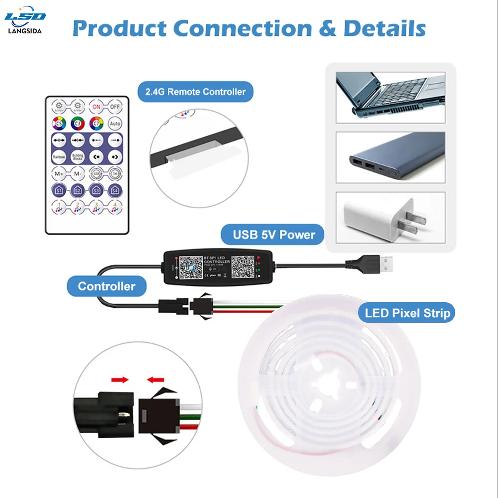 WS2812 3 مللي متر 240LED بلوتوث الذكية RGB COB قطاع تحكم APP التحكم 720 المصابيح/م أوضاع الموسيقى المنشطة الصوت تشغيل 5 فولت COB 240D